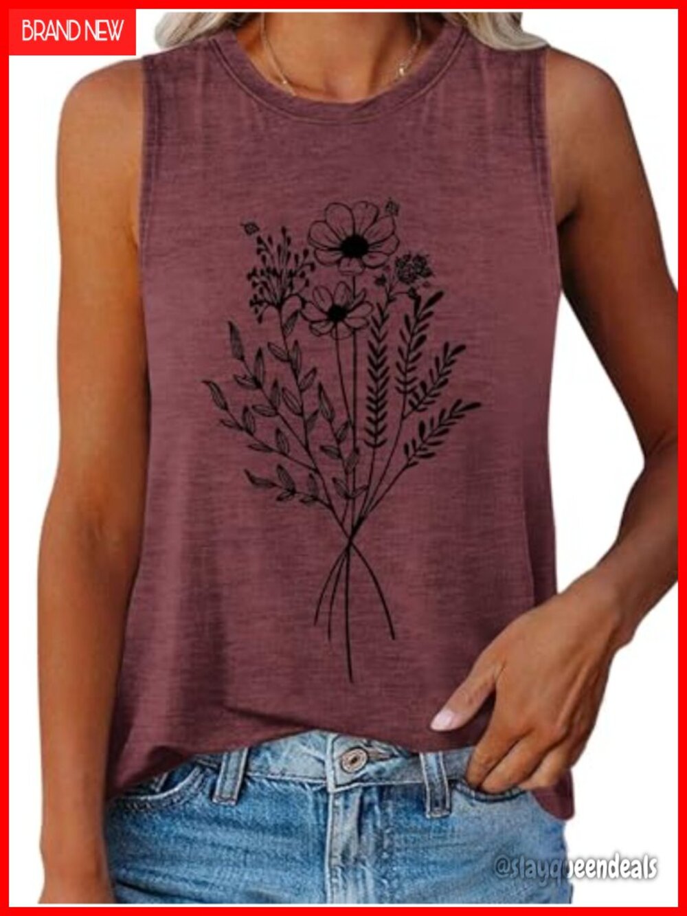 Womens Floral Graphic Sleeveless Crewneck Tank Top Loose Fit Casual